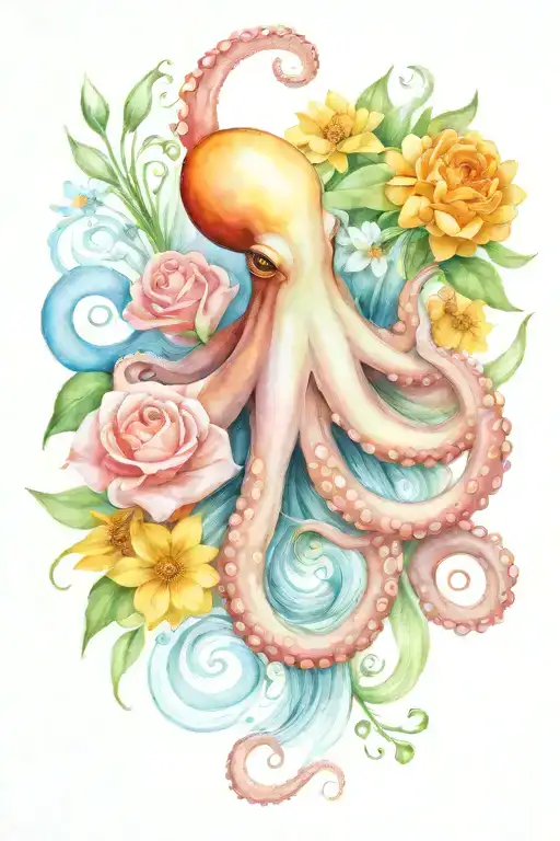 octopus, snowdrop, rose,  marigold flower tattoo design idea