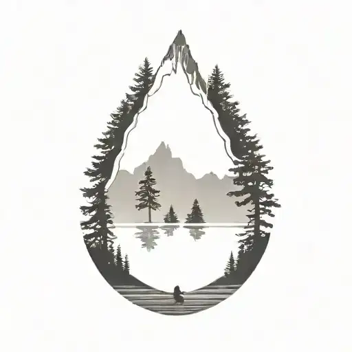 family off 5 silluette by lake with pine trees and mountain in background  tattoo design idea