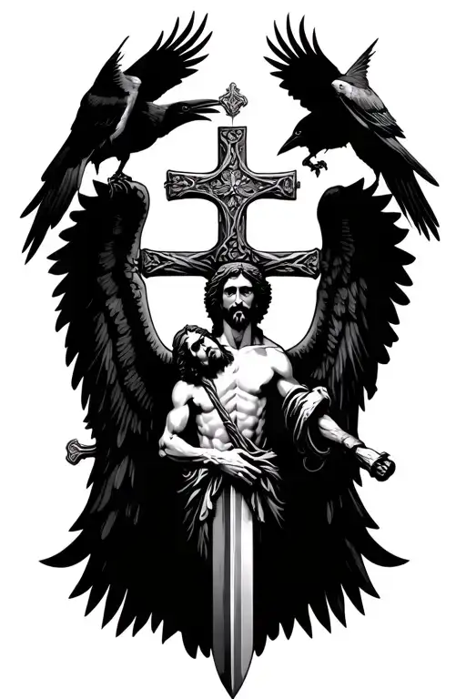 jesus on sword cross with black wings and flying crows no background tattoo design idea