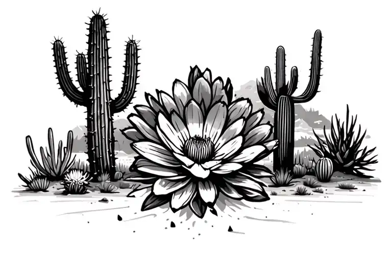 Arizona state flower blooming in the desert with other cactus and as minimalist outline  tattoo design idea