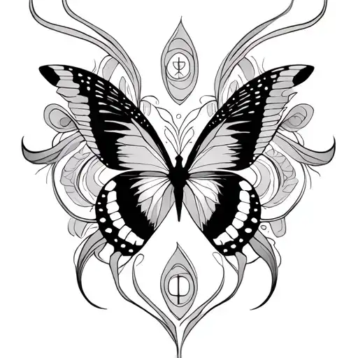 Butterfly tattoo with hidden Aries symbols and abstract feminine design representing the vagina; fine line, elegant, tattoo design idea