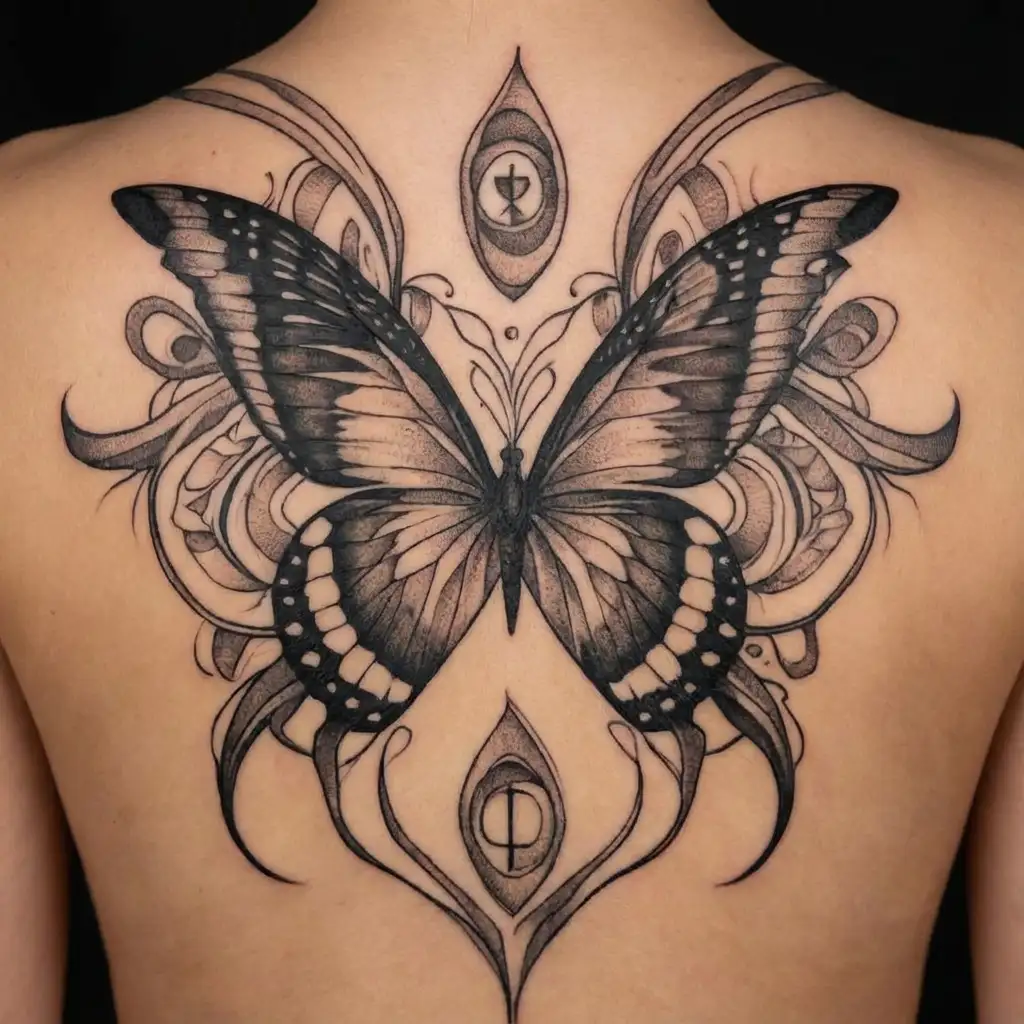 Butterfly tattoo with hidden Aries symbols and abstract feminine design representing the vagina; fine line, elegant, tattoo design idea