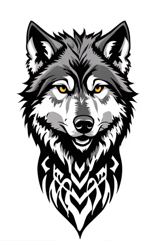 Neo Realist Dire Wolf head with matching tribal style, fill the arm to the elbow tattoo design idea