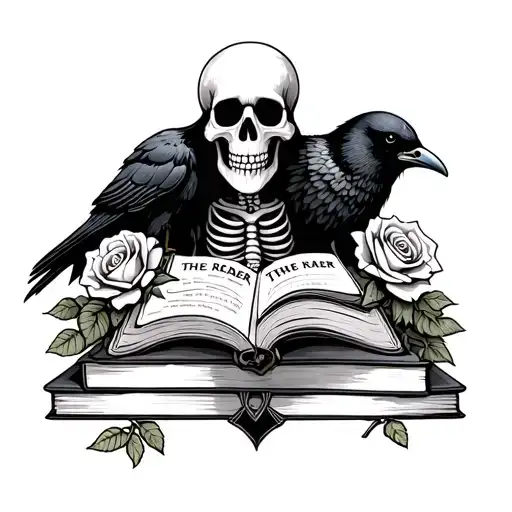 a skeleton reading if with a stack of books and a crow tarot card named the reader with roses tattoo design idea