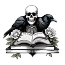 a skeleton reading if with a stack of books and a crow tarot card named the reader with roses tattoo design idea