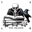a skeleton reading if with a stack of books and a crow tarot card named the reader with roses tattoo design idea