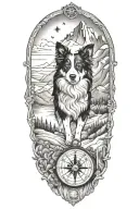 compass border collie portrait mountain scene tattoo design idea