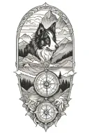 compass border collie portrait mountain scene tattoo design idea