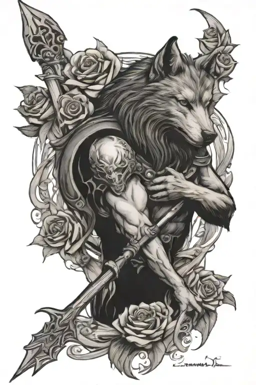 posiedon with his trident, wolf blended by roses tattoo design idea