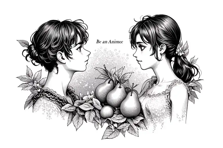 "Be an anime" I want a tattoo of anime version, that she is realistic of a boy and a girl asking for marriage in summer pear tattoo design idea