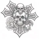 two chrome hearts crosses very close to eachother with a rose behind them. a skull on top of the cross tattoo design idea