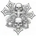 two chrome hearts crosses very close to eachother with a rose behind them. a skull on top of the cross tattoo design idea