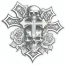two chrome hearts crosses very close to eachother with a rose behind them. a skull on top of the cross tattoo design idea