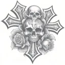 two chrome hearts crosses very close to eachother with a rose behind them. a skull on top of the cross tattoo design idea