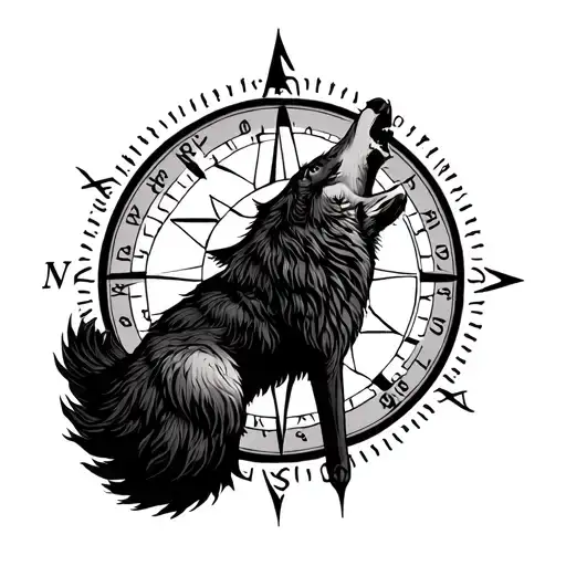 compass with wolf howling at the moon tattoo design idea