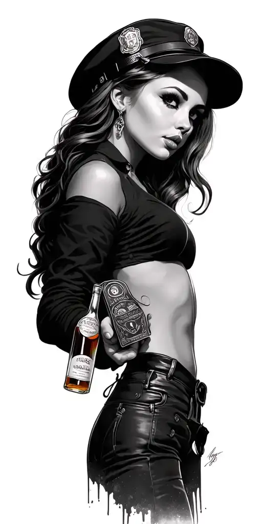 Police whiskey gangster girl tattoo design idea