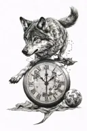 wolf chasing time clock around a globe  tattoo design idea