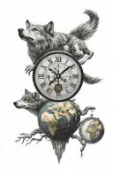 wolf chasing time clock around a globe  tattoo design idea