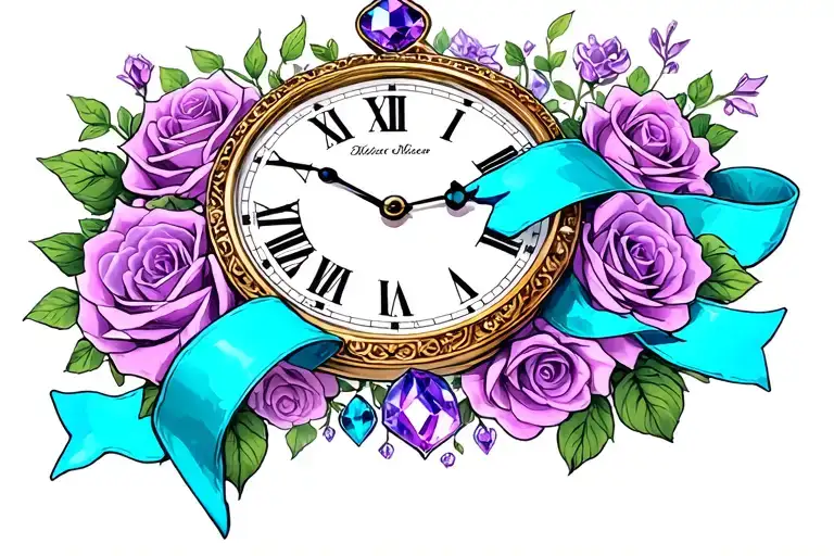 "Alice in Wonderland" clock, violet crystal pendant, cyan ribbon, surrounded by  rosese tattoo design idea