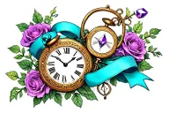 "Alice in Wonderland" clock, violet crystal pendant, cyan ribbon, surrounded by  rosese tattoo design idea