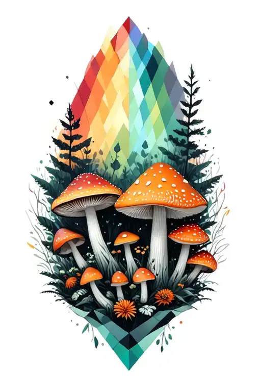 geometric forest and amanita mushrooms geometric mandala rainbow background black lines tattoo design idea