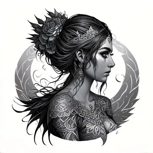 Skadi sleeve tattoo, she is facing towards me tattoo design idea