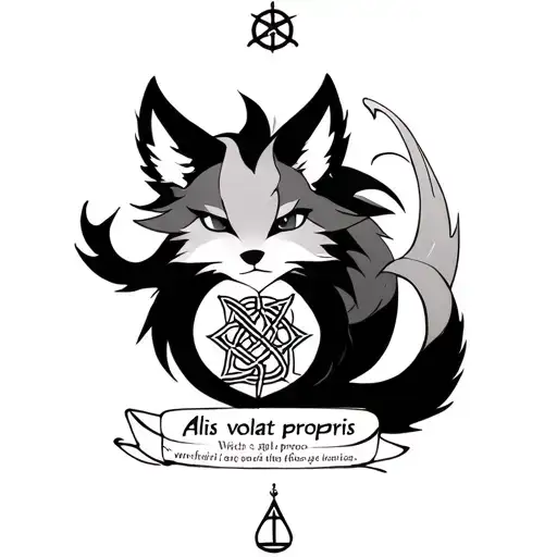 A kitsune with seven tails, with Libra symbol, with the phrase "Alis volat propris", and Witch Knot - black white tattoo tattoo design idea