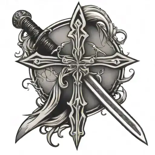 christian cross with katana sword interwined tattoo design idea