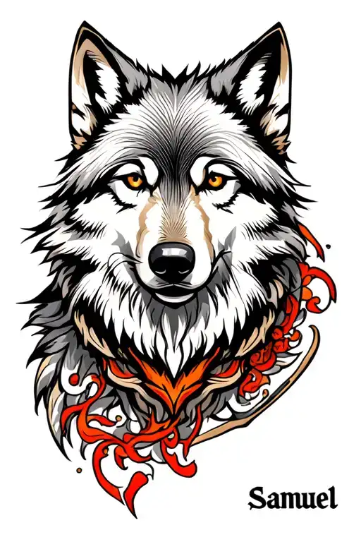 Wolf with the name of Samuel tattoo design idea