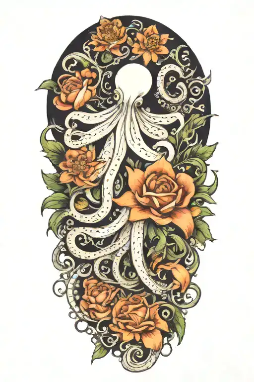 snowdrop, rose, marigold, octopus tenticals tattoo design idea