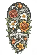 snowdrop, rose, marigold, octopus tenticals tattoo design idea