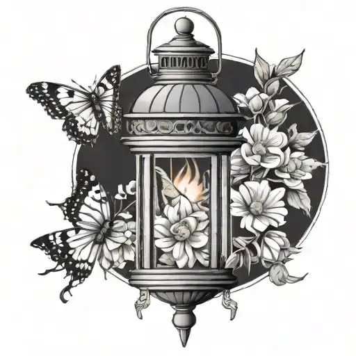 lantern with flowers a moth and a nightingale bird arund it tattoo design idea
