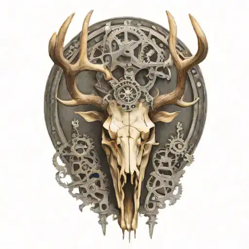 bull elk skull with antlers, tattered MS ribbon wrapped around antlers, mechanical gears tattoo design idea