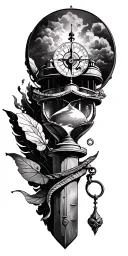 hourglass, lighthouse, compass tattoo design idea