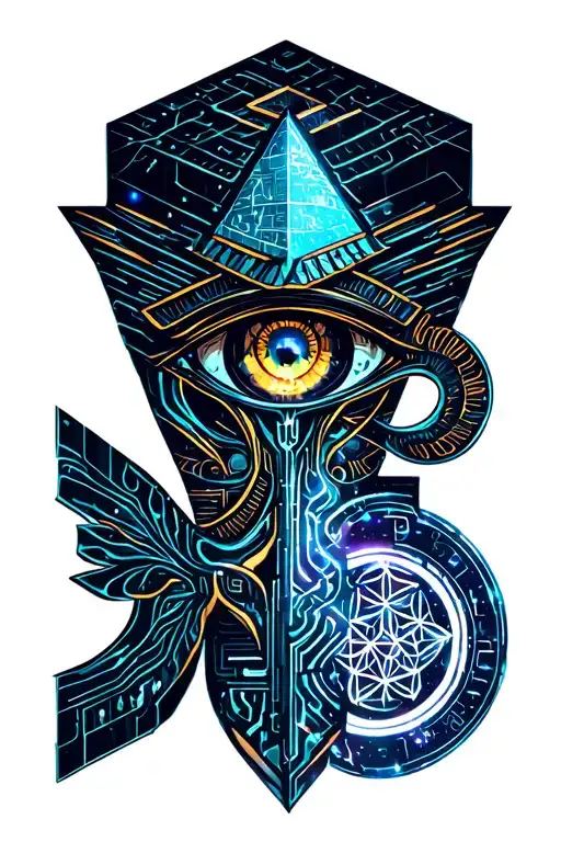 eye of horus, pyramid, matatron's cube, ankh, flower of life tattoo design idea