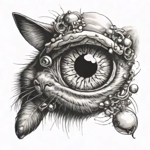 a tattoo skech of a cat face, dopamine molecule in its eye tattoo design idea