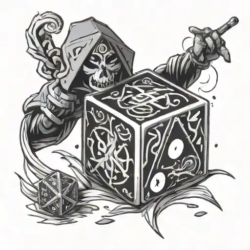 dnd dice in alistor staff hazbin hotel with his show behinf it arms open looking at it tattoo design idea