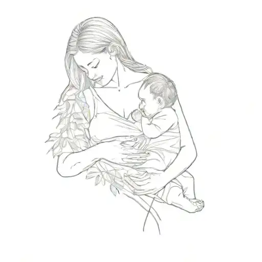 a woman breastfeeding her baby in the woods tattoo design idea