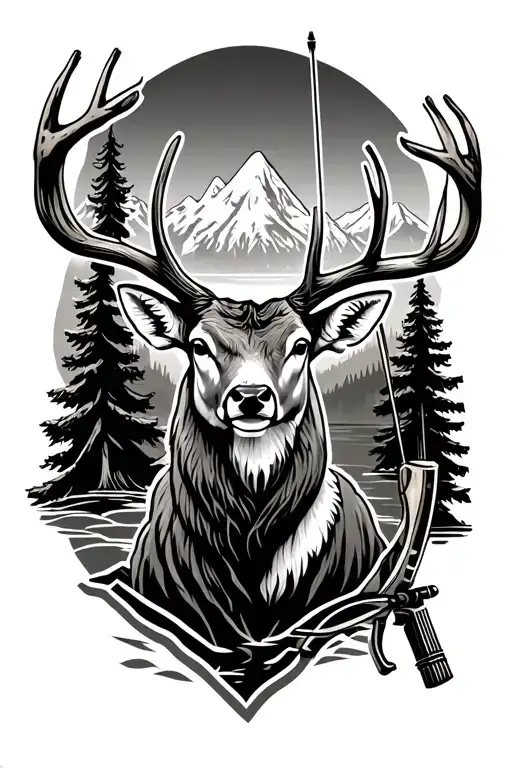 Buck, mountains, compound bow, pine trees, arrow, water, hunter  tattoo design idea