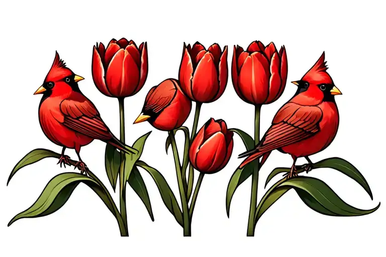 6 red tulips with two small cardinals tattoo design idea