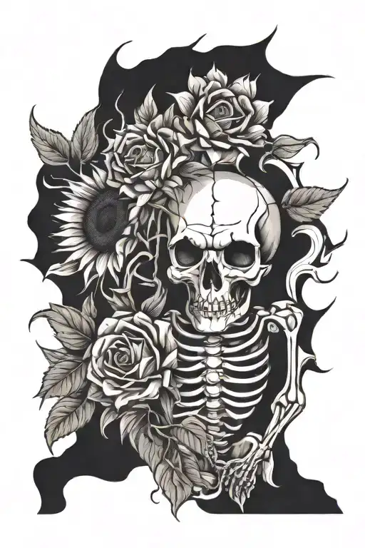 3 sunflowers and 1 rose being held by a skeleton dancing   tattoo design idea