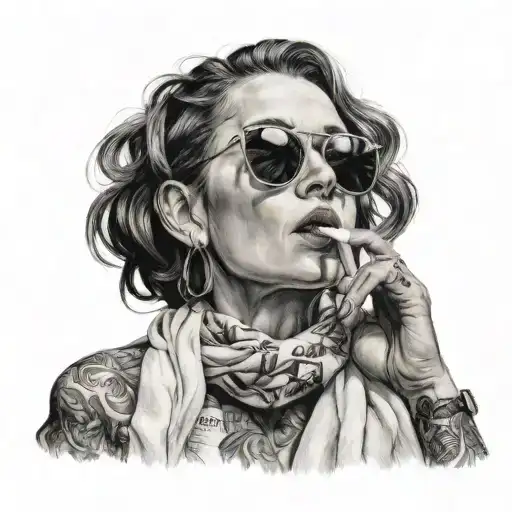 Woman smoking cigarette, holding newspaper, sunglasses, hair in towel tattoo design idea