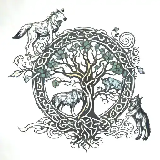 celtic tree of life with celtic knot around the outside but going behind the celtic tree at the top plus two wolves at  tattoo design idea
