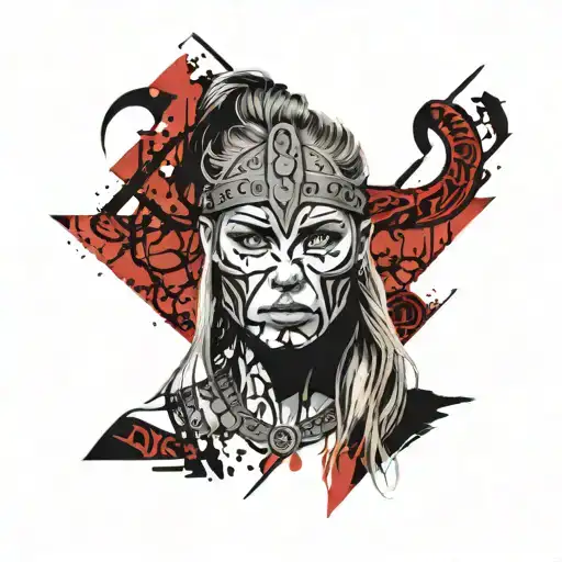 viking warrior women face with runes tattoo design idea