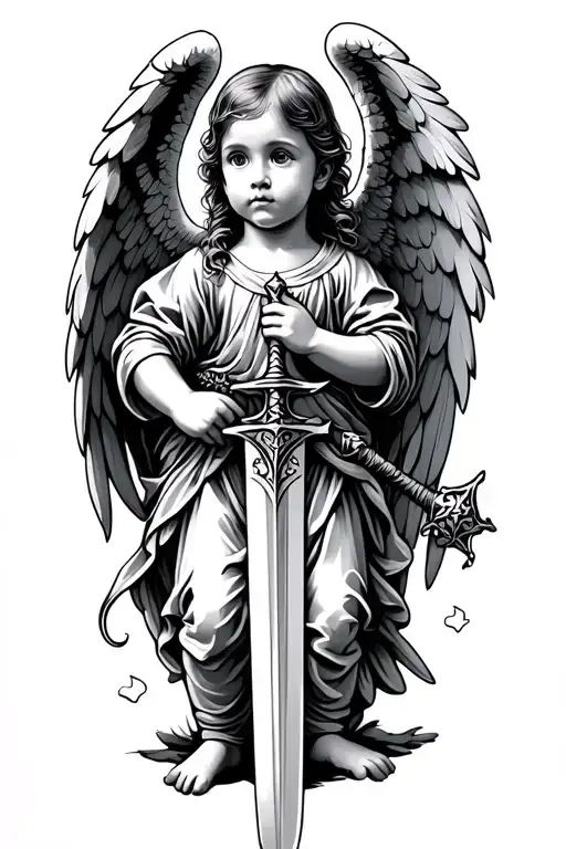 baby angel holding a sword tattoo design idea