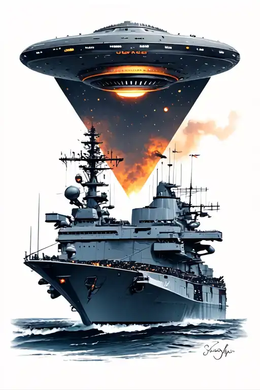triangle ufo hovering over the USS Theodore Roosevelt tattoo design idea
