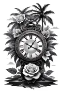 Rose With Roman Numeral clock and palm trees tattoo design idea