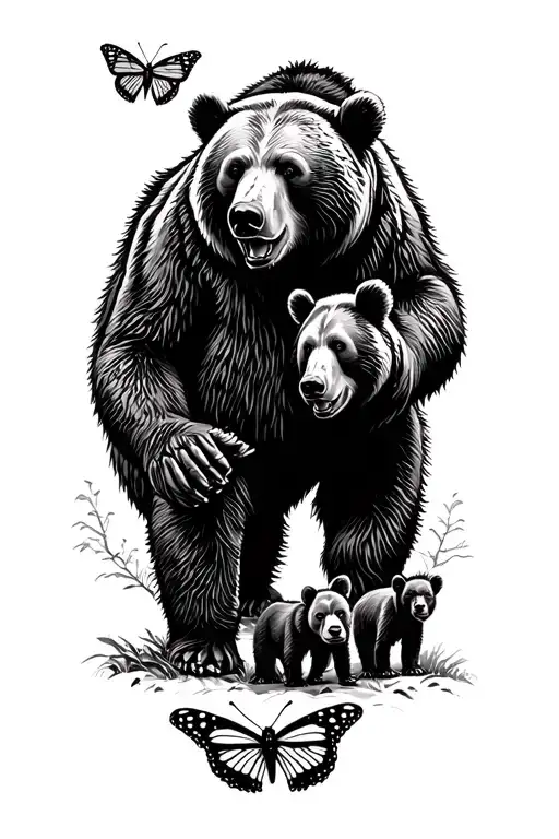Papa bear and 3 black bear cubs and 2 monarch butterfly walking in the wilderness trees tattoo design idea