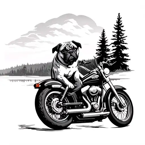 A pug riding a Harley Davidson motorcycle through a scenic Maine landscape tattoo design idea