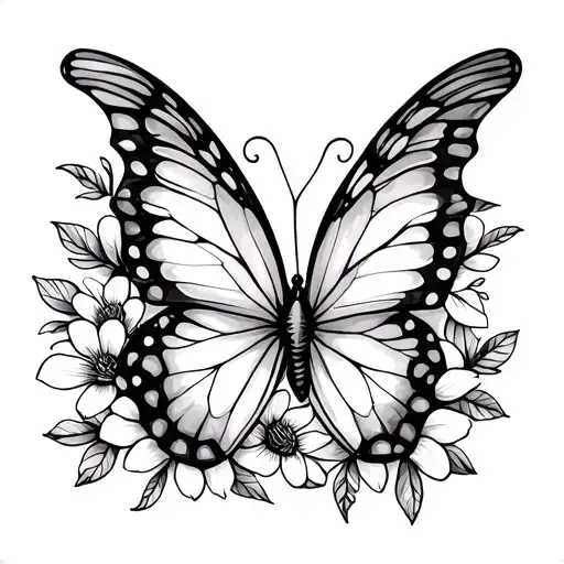 butterfly with flowers and hearts, fine line tattoo style tattoo design idea